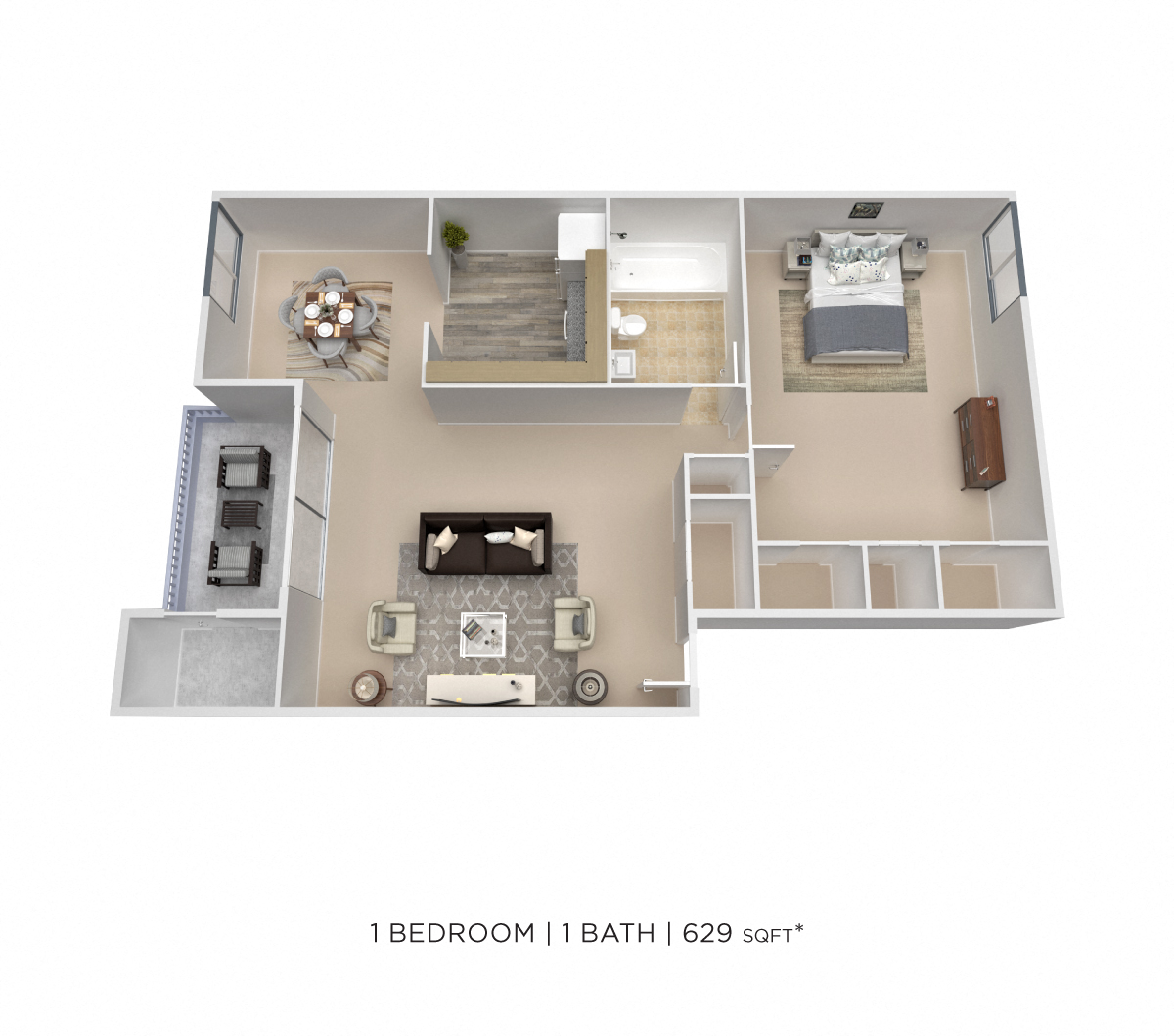 Floor plan for 1 bed, 1 bath, 629 sqft